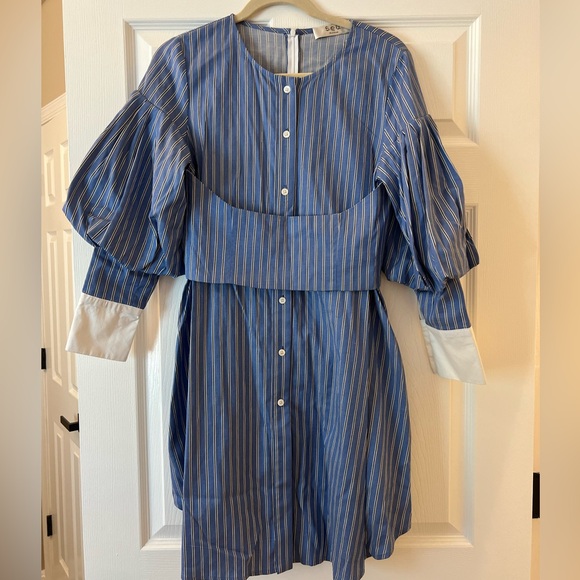 Sea New York Dresses & Skirts - Sea New York Blue Pinstripe Long Sleeve Puff-Sleeve Dress with White Cuffs